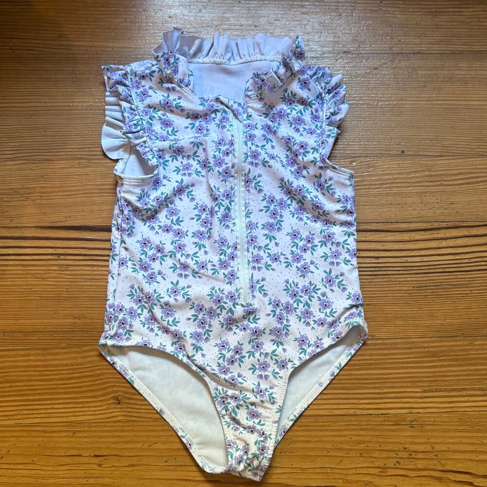 Shein white purple floral ruffle sleeve collar zip front swimsuit SIZE‎ 6